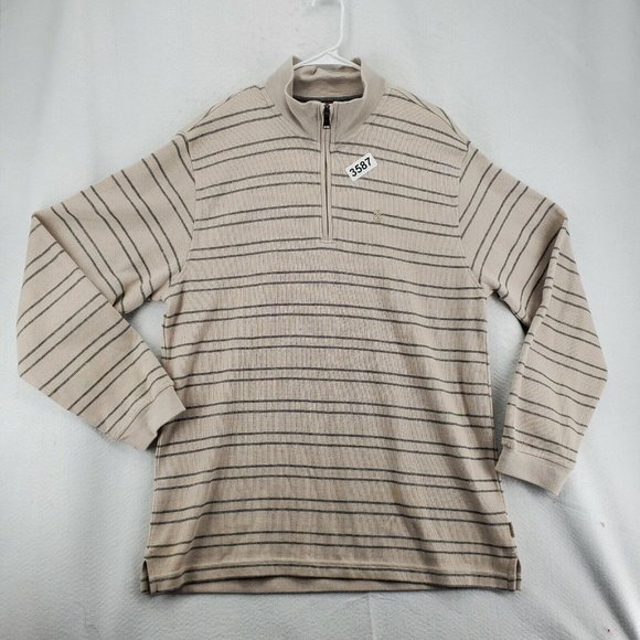 IZOD Sweater Men's Long Sleeve Striped 1/4 Zip Pullover High Neck Tan Large - Picture 12 of 12